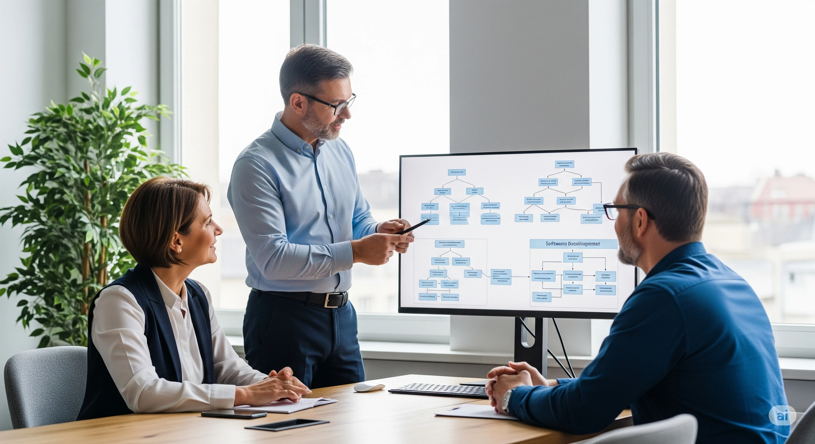 Title image: A woman and a man at a conference table; in the background, a standing man presenting a chart on a screen.