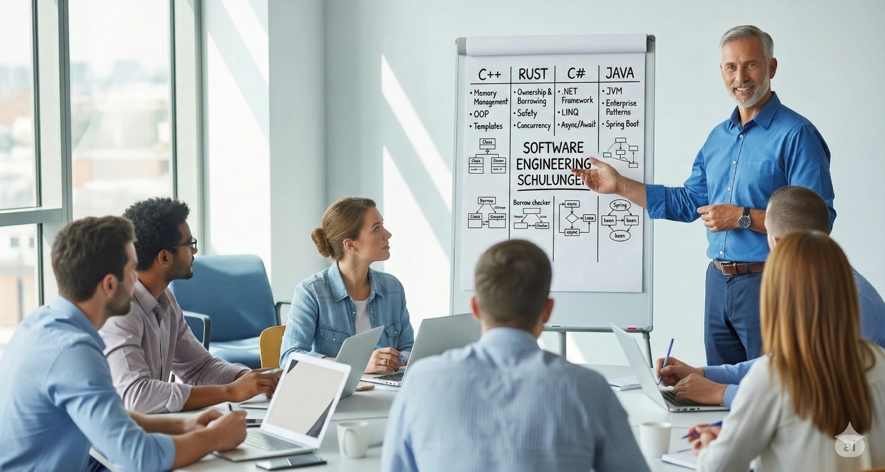 Stock image: training session with six people at a table, instructor and flip chart in the background.