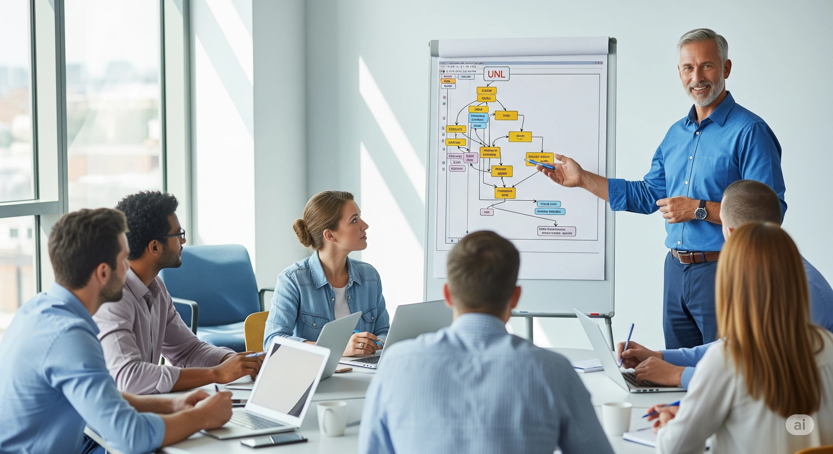 Stock image: training session with six people at a table, instructor and flip chart in the background.